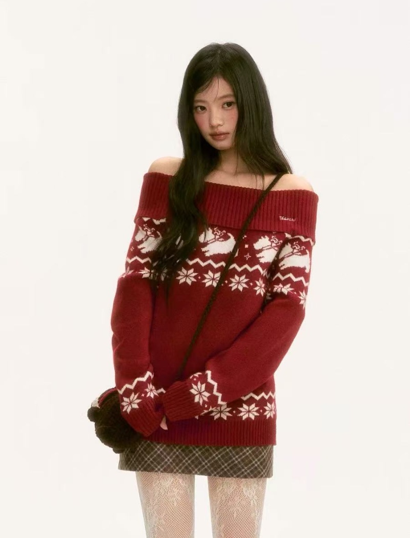 Retro red flat shoulder winter christmas sweater