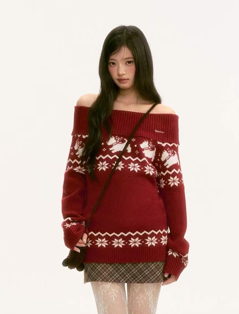Retro red flat shoulder winter christmas sweater
