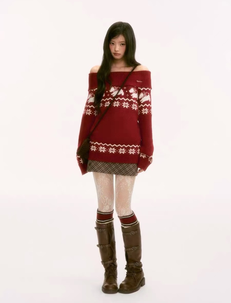 Retro red flat shoulder winter christmas sweater