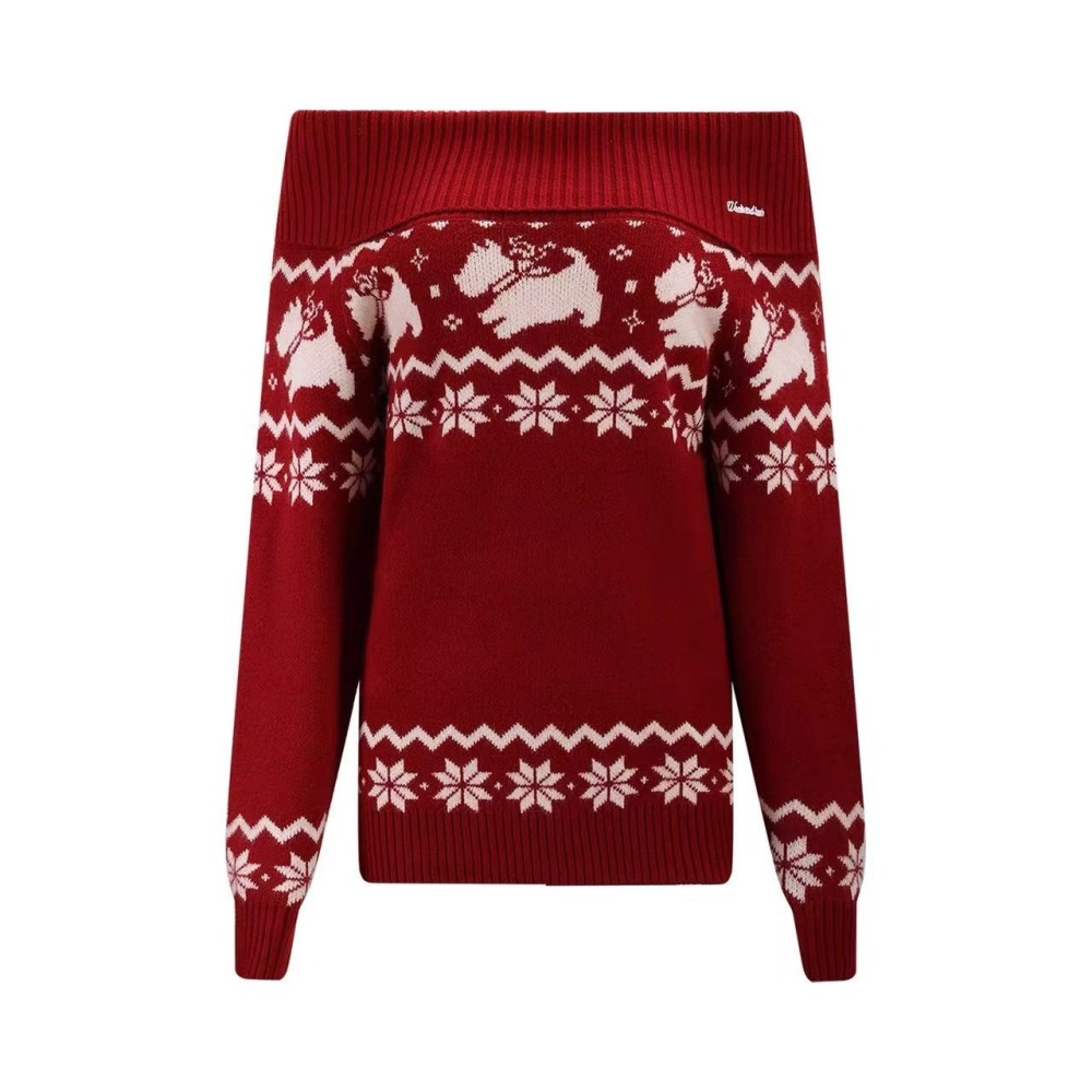 Retro red flat shoulder winter christmas sweater