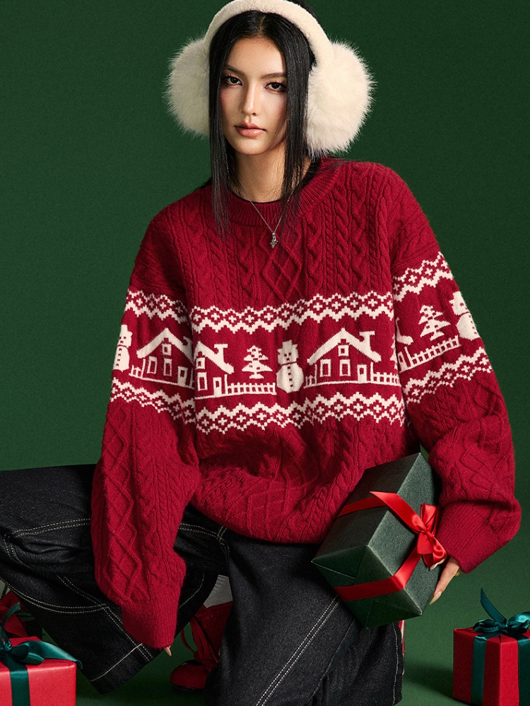 Round neck retro sweater couples twist tops for women