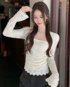 Sueding square collar bottoming shirt slim tops for women