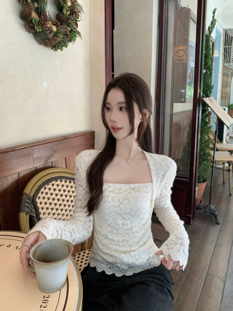 Sueding square collar bottoming shirt slim tops for women