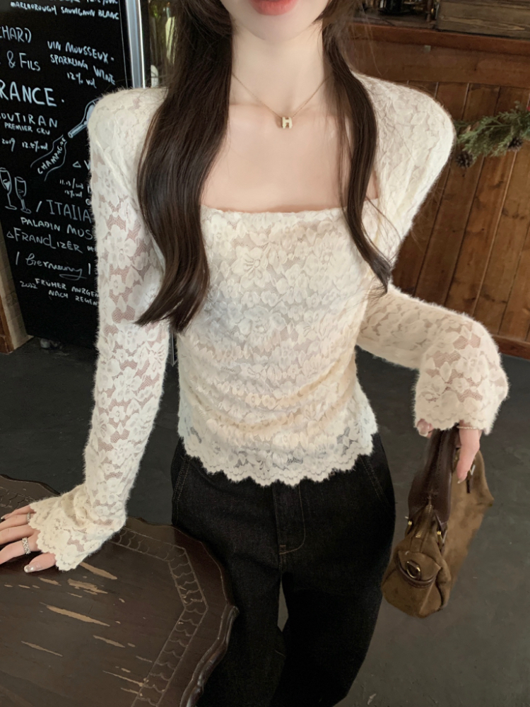 Sueding square collar bottoming shirt slim tops for women