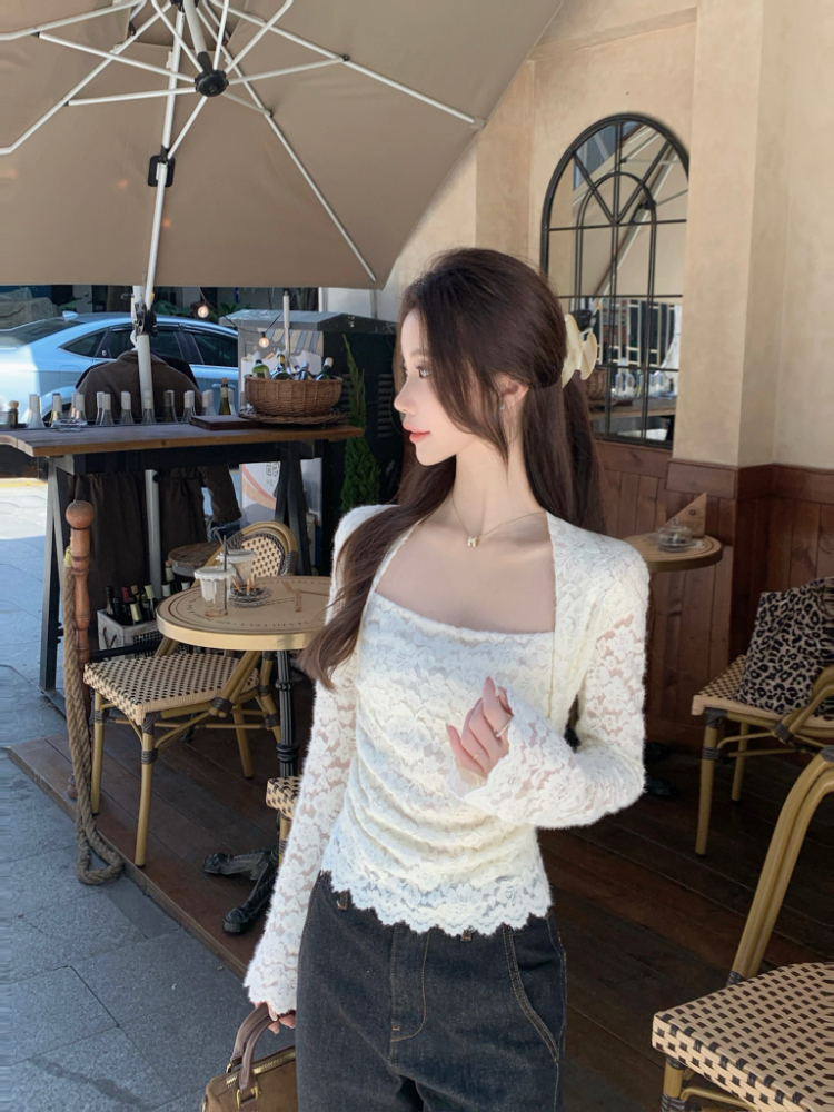 Sueding square collar bottoming shirt slim tops for women