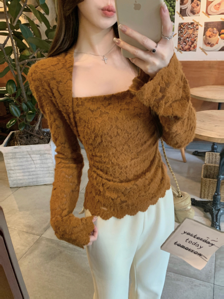 Sueding square collar bottoming shirt slim tops for women