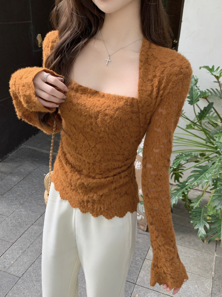 Sueding square collar bottoming shirt slim tops for women