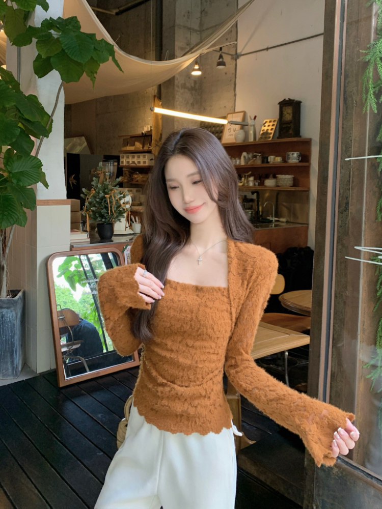 Sueding square collar bottoming shirt slim tops for women