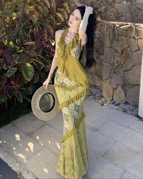 Splice vacation tops lotus leaf edges bandage short skirt a set