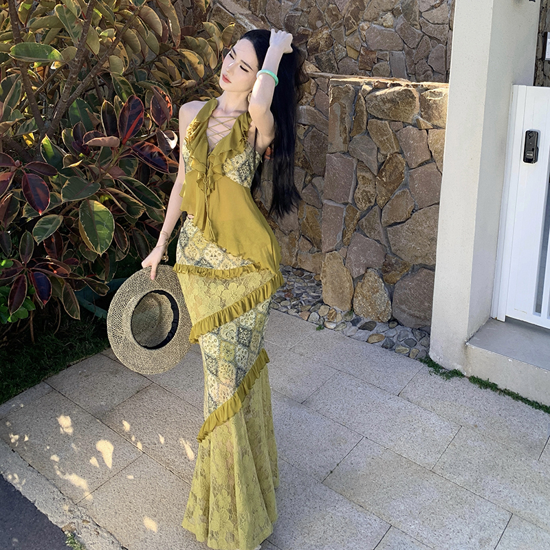 Splice vacation tops lotus leaf edges bandage short skirt a set