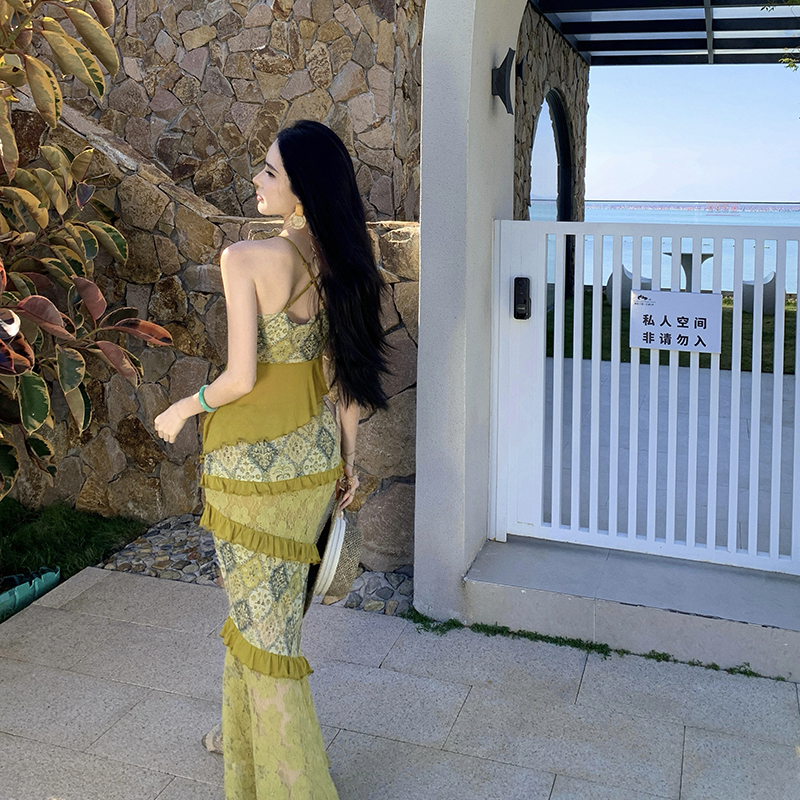 Splice vacation tops lotus leaf edges bandage short skirt a set