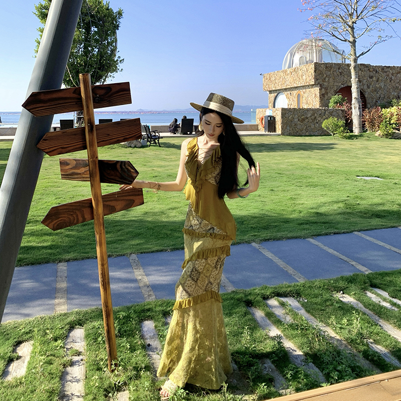 Splice vacation tops lotus leaf edges bandage short skirt a set