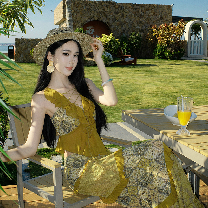 Splice vacation tops lotus leaf edges bandage short skirt a set