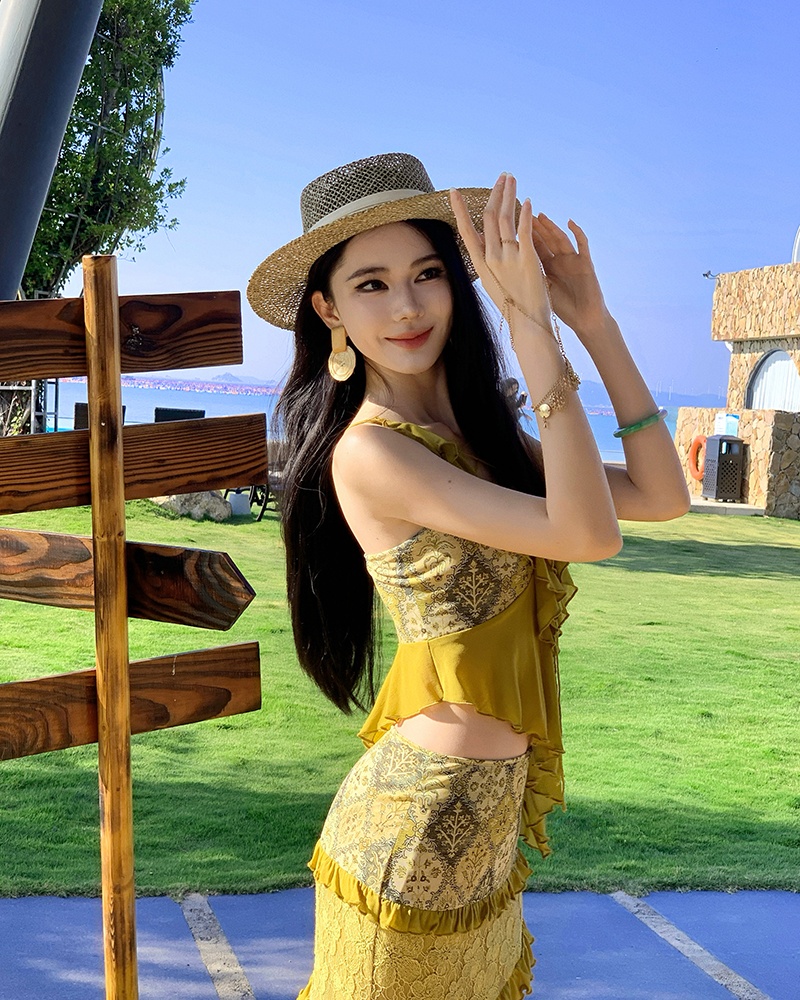 Splice vacation tops lotus leaf edges bandage short skirt a set