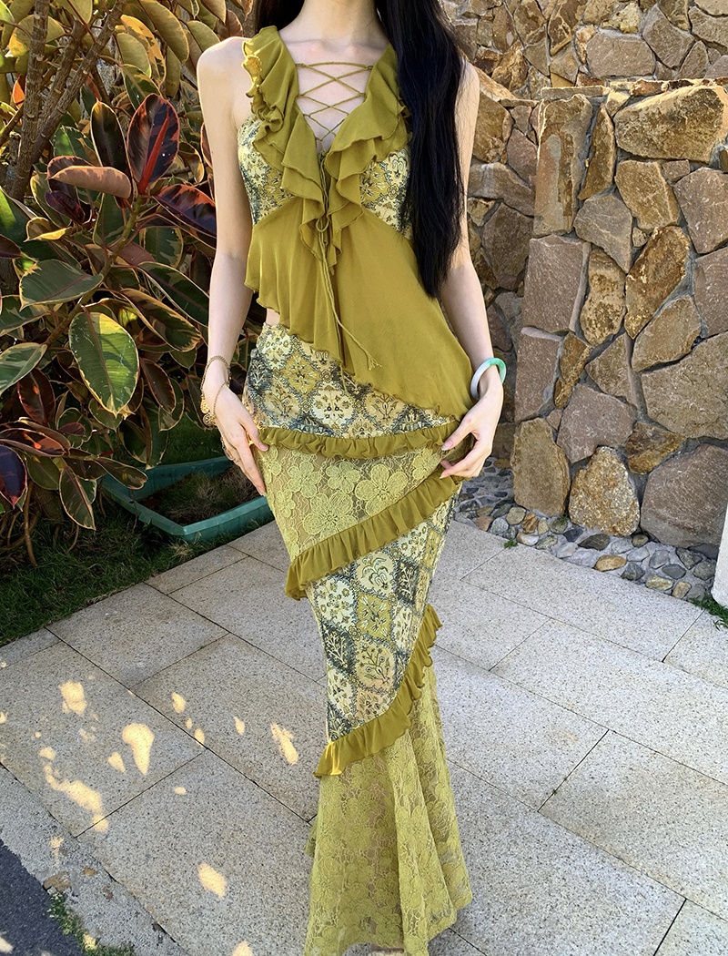 Splice vacation tops lotus leaf edges bandage short skirt a set