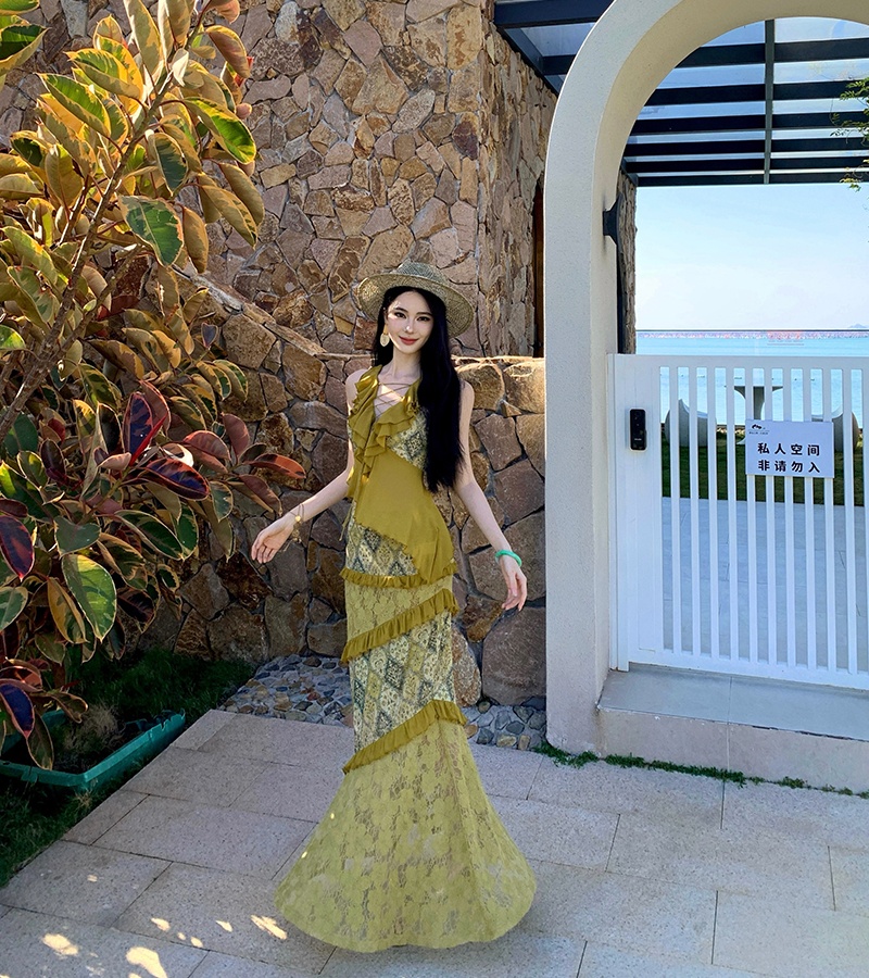 Splice vacation tops lotus leaf edges bandage short skirt a set