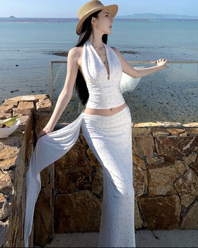 France style halter skirt retro polka dot vest 2pcs set