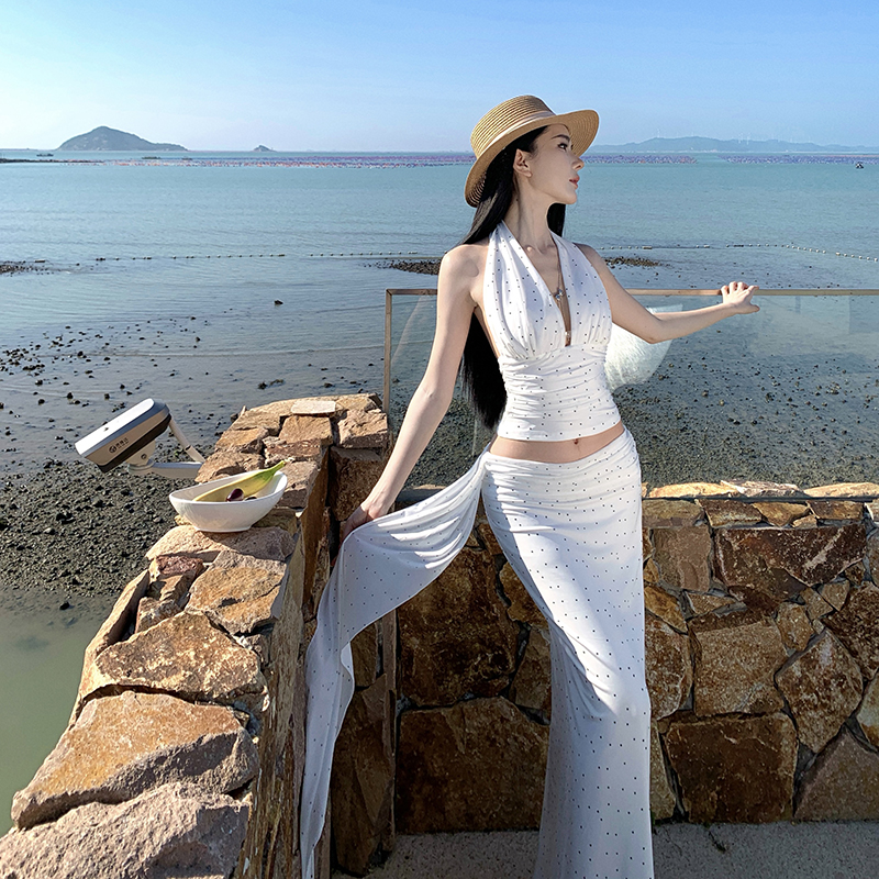 France style halter skirt retro polka dot vest 2pcs set