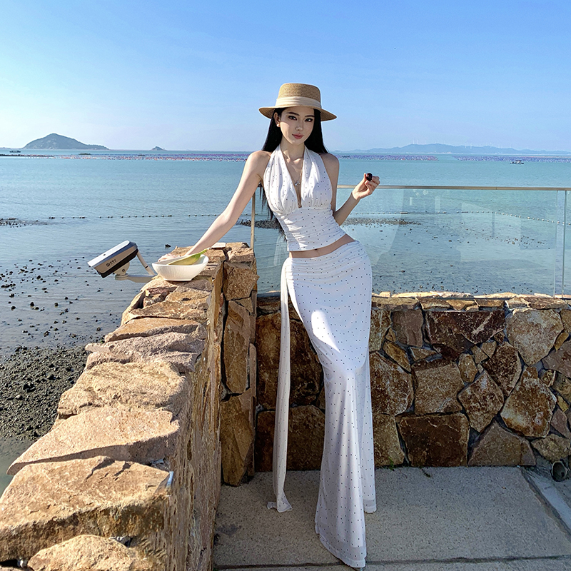 France style halter skirt retro polka dot vest 2pcs set