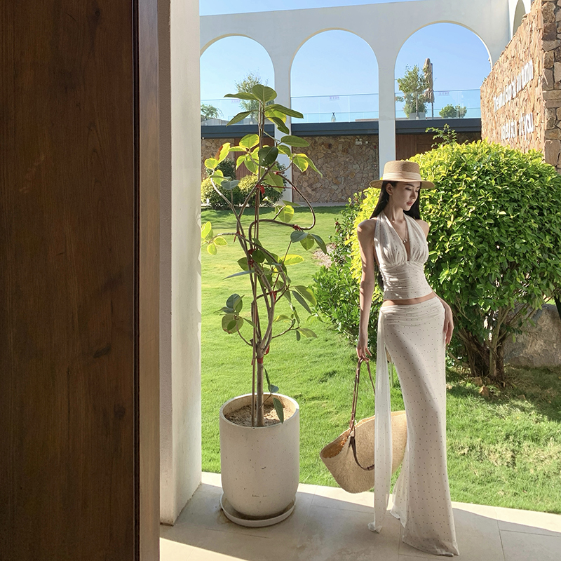 France style halter skirt retro polka dot vest 2pcs set