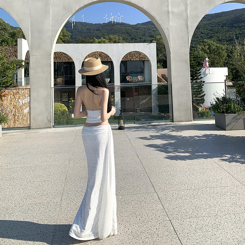 France style halter skirt retro polka dot vest 2pcs set