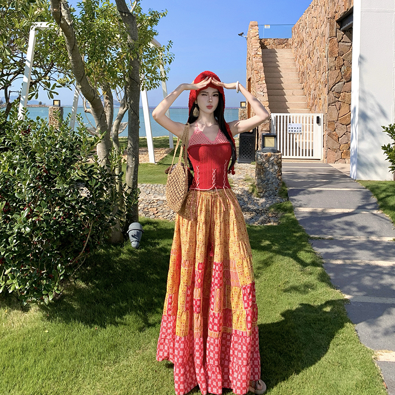 Jacquard knitted wide leg pants bandage mixed colors vest 2pcs set