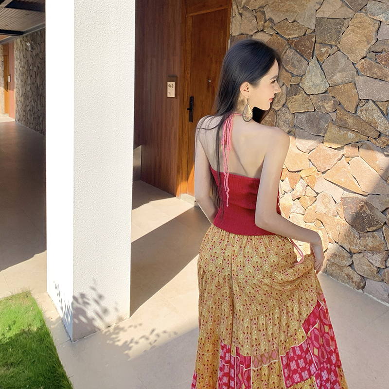 Jacquard knitted wide leg pants bandage mixed colors vest 2pcs set