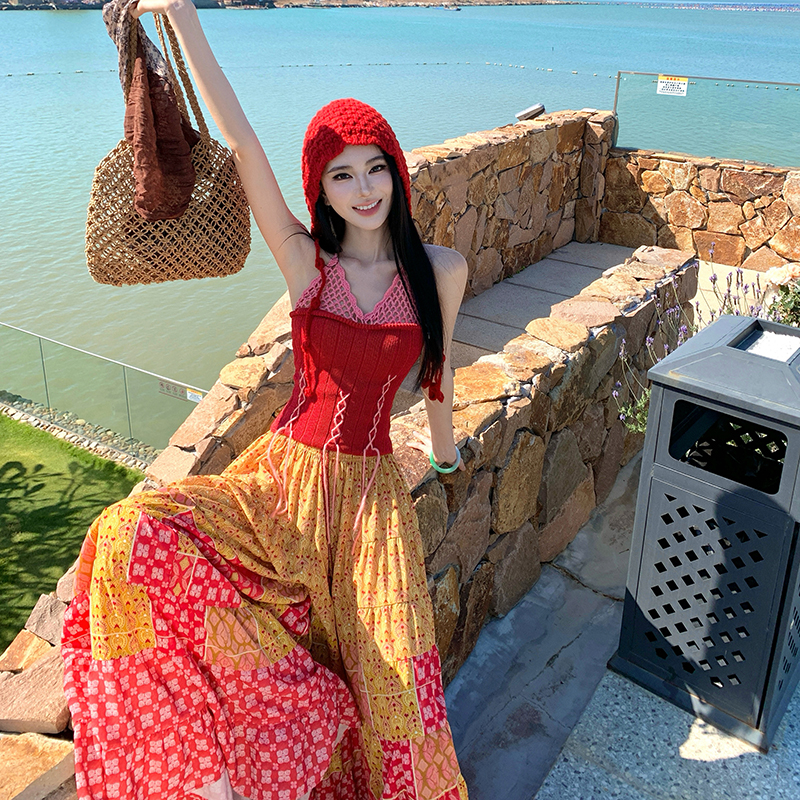 Jacquard knitted wide leg pants bandage mixed colors vest 2pcs set