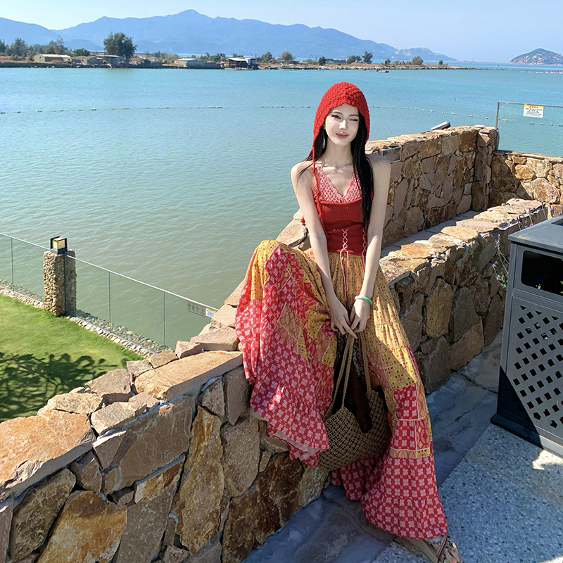 Jacquard knitted wide leg pants bandage mixed colors vest 2pcs set