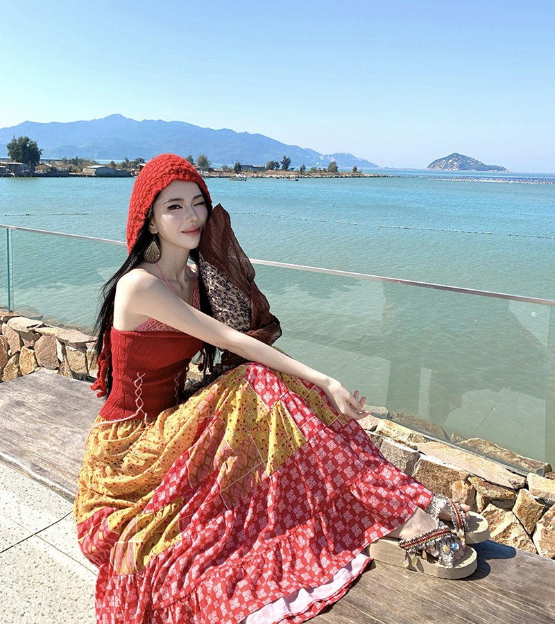 Jacquard knitted wide leg pants bandage mixed colors vest 2pcs set