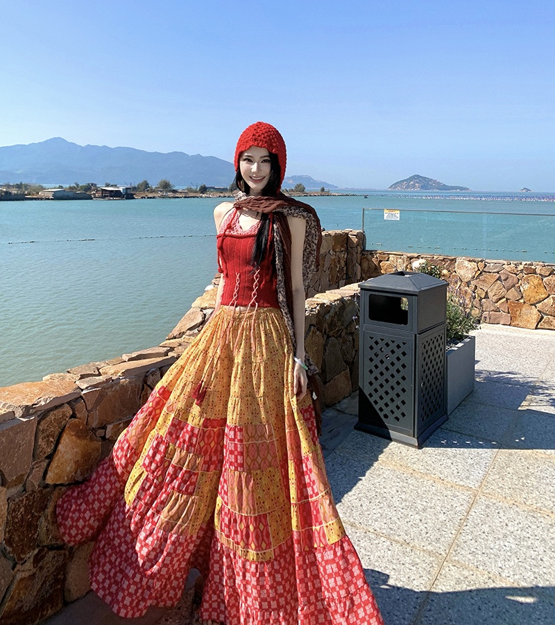 Jacquard knitted wide leg pants bandage mixed colors vest 2pcs set