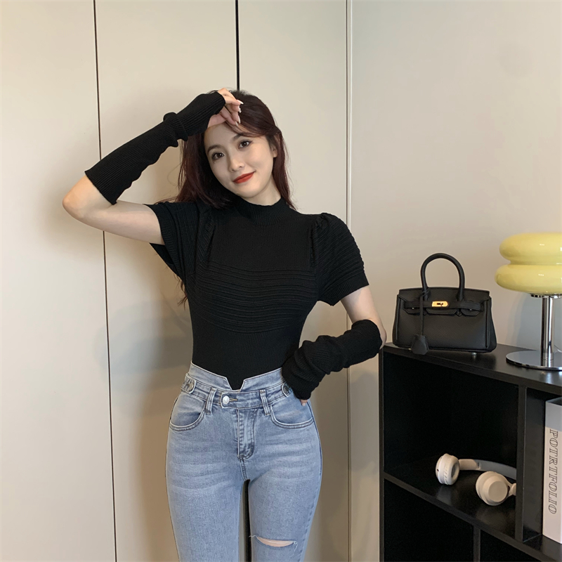 Pit stripe high collar sleeves niche pullover sweater