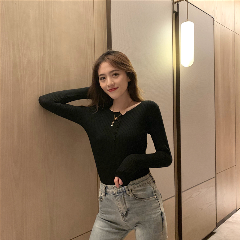 Pure buckle Korean style knitted slim bottoming shirt