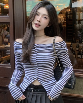 Stripe knitted pullover split slim tops for women