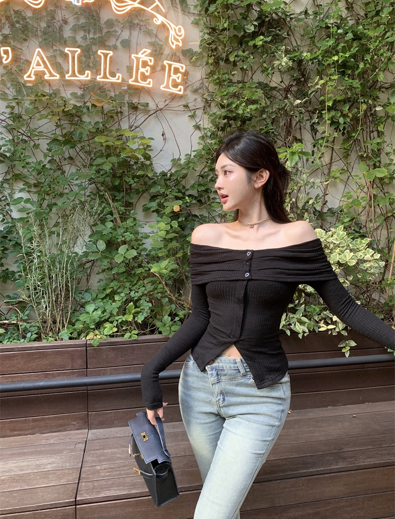 Stripe knitted pullover split slim tops for women