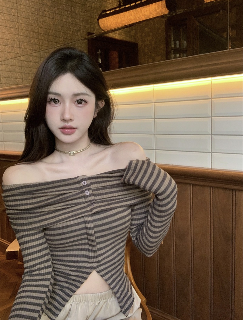 Stripe knitted pullover split slim tops for women