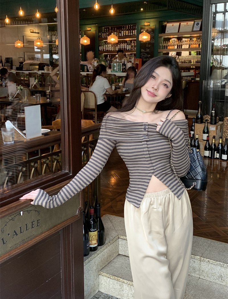 Stripe knitted pullover split slim tops for women