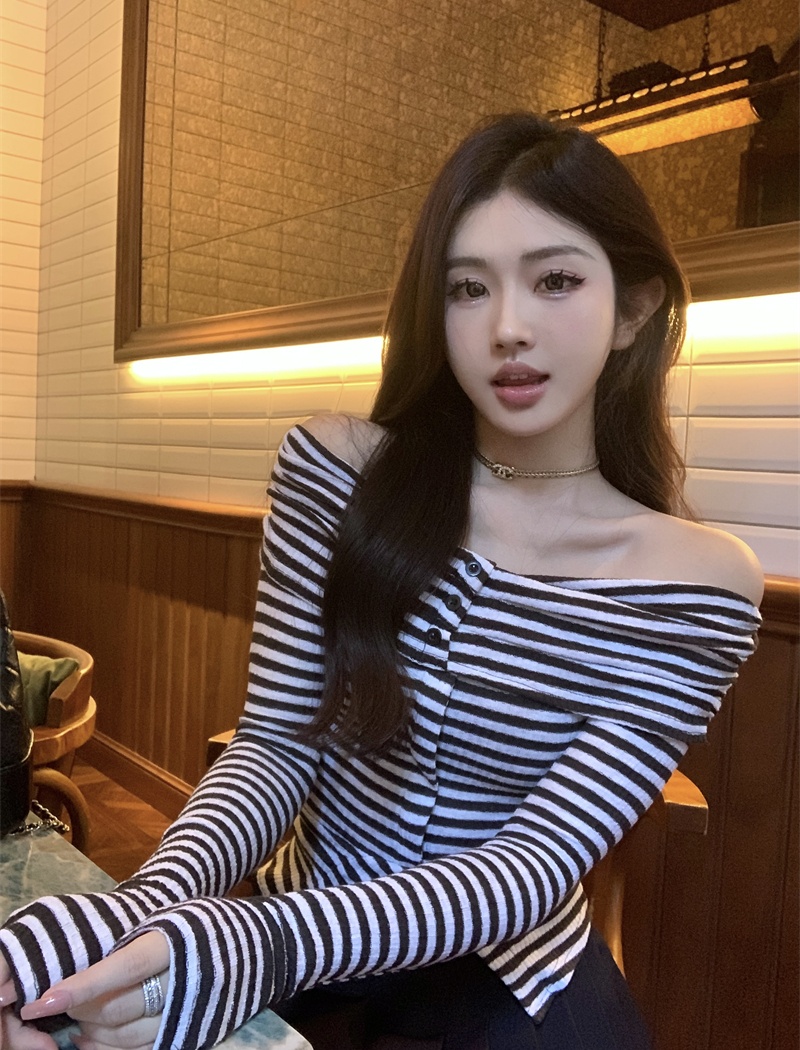 Stripe knitted pullover split slim tops for women