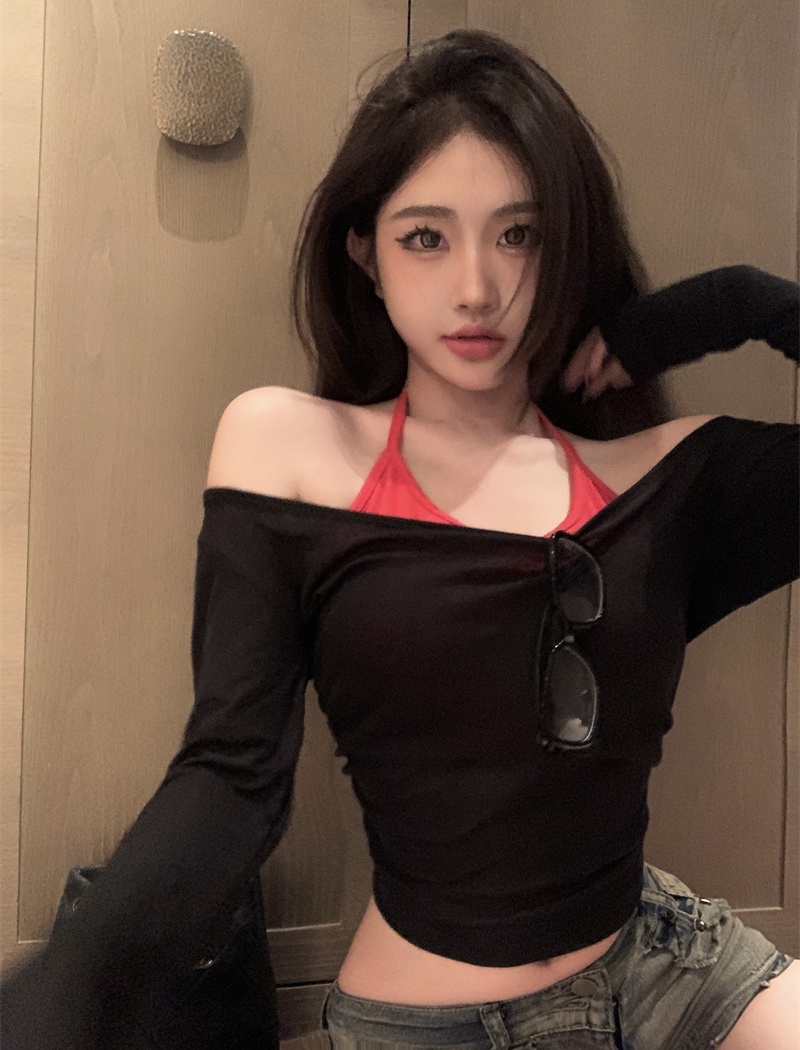 Knitted autumn tops Pseudo-two T-shirt for women