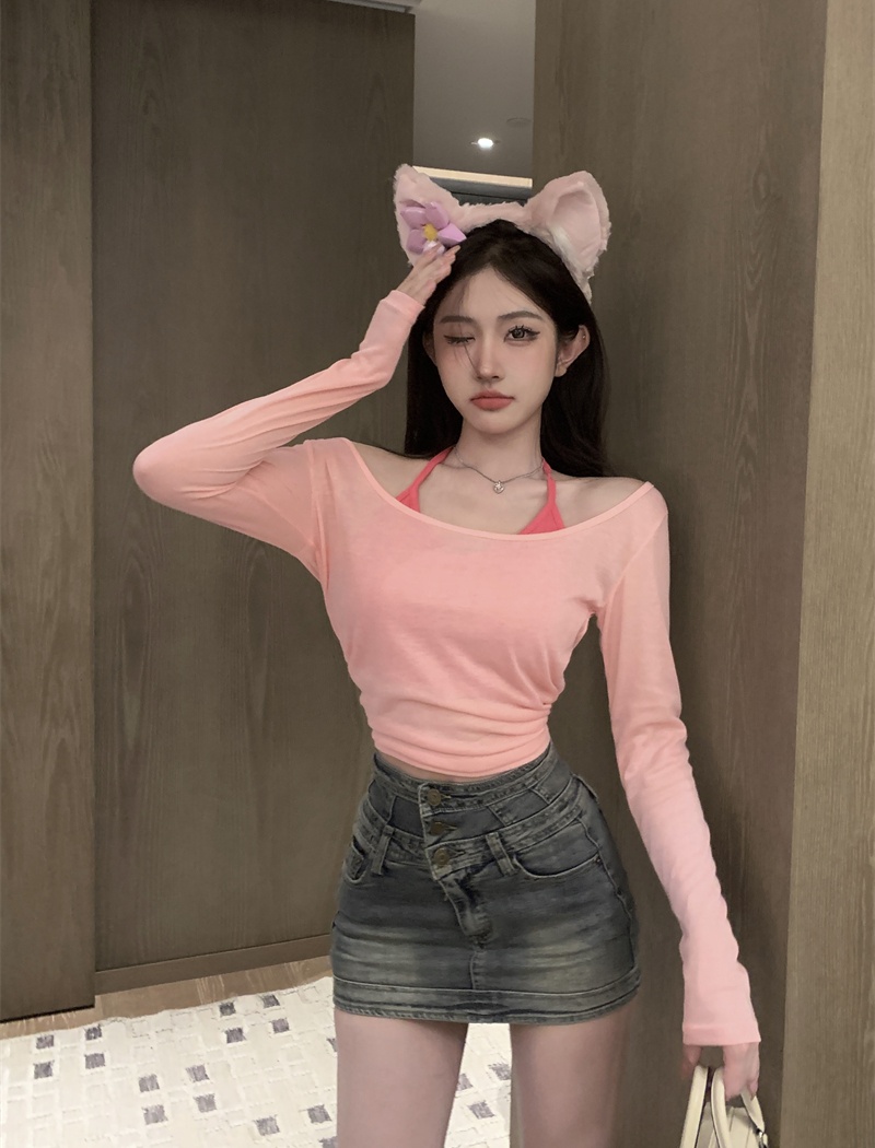 Knitted autumn tops Pseudo-two T-shirt for women