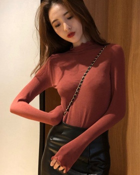 Slim all-match T-shirt wood ear half high collar tops