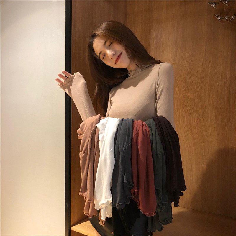 Slim all-match T-shirt wood ear half high collar tops