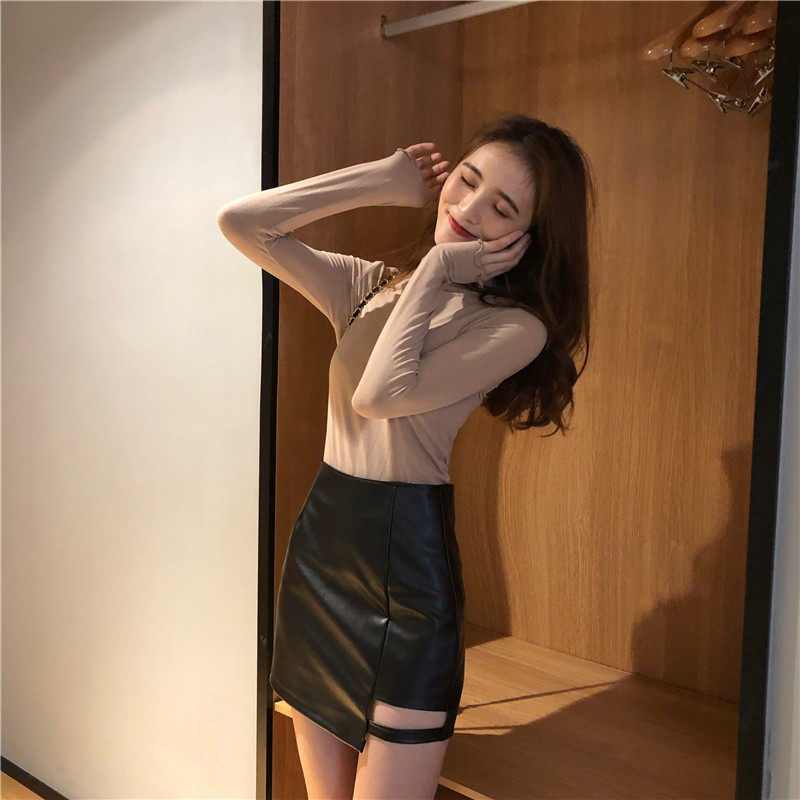 Slim all-match T-shirt wood ear half high collar tops