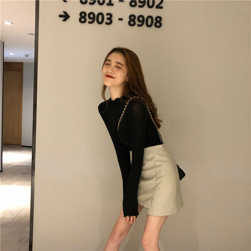 Slim all-match T-shirt wood ear half high collar tops