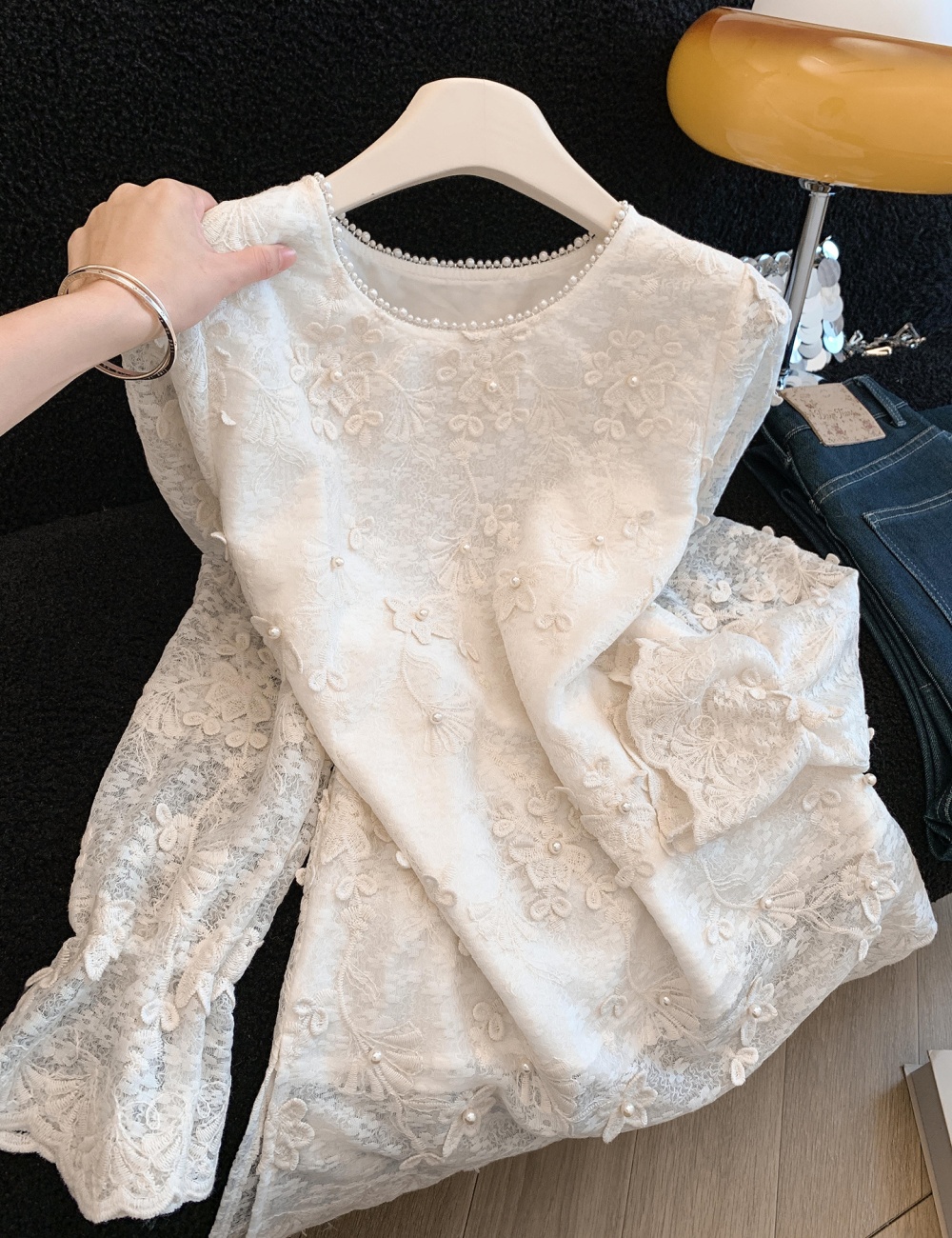 Chanelstyle lace shirt embroidery beading tops for women