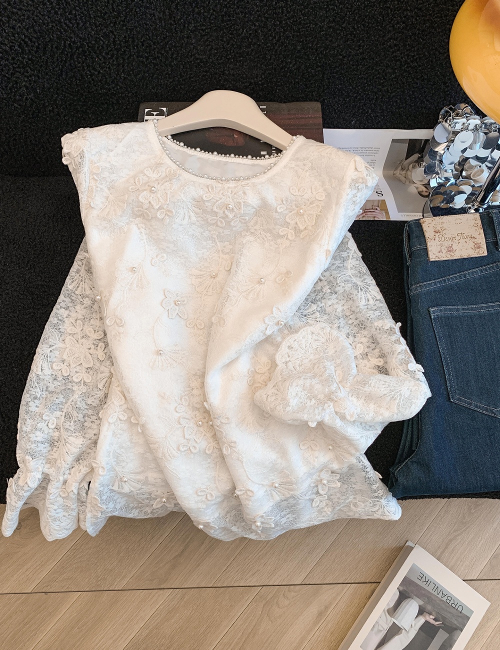 Chanelstyle lace shirt embroidery beading tops for women