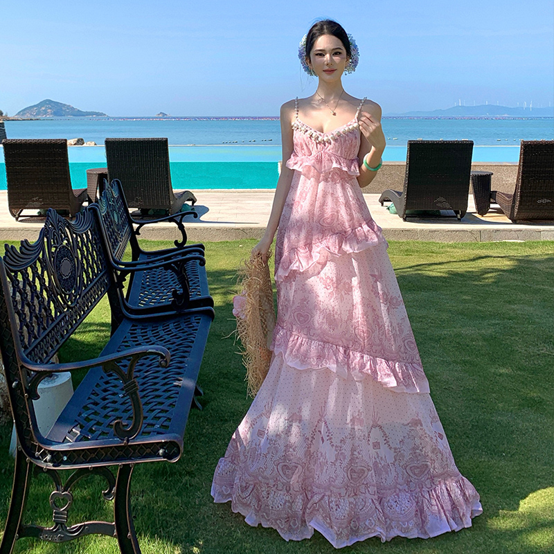 France style summer pink ladies chanelstyle sling dress