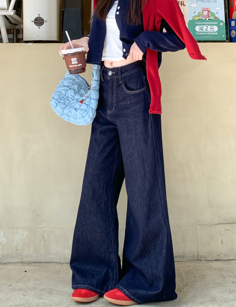 Drape high waist wide leg pants denim pants for women