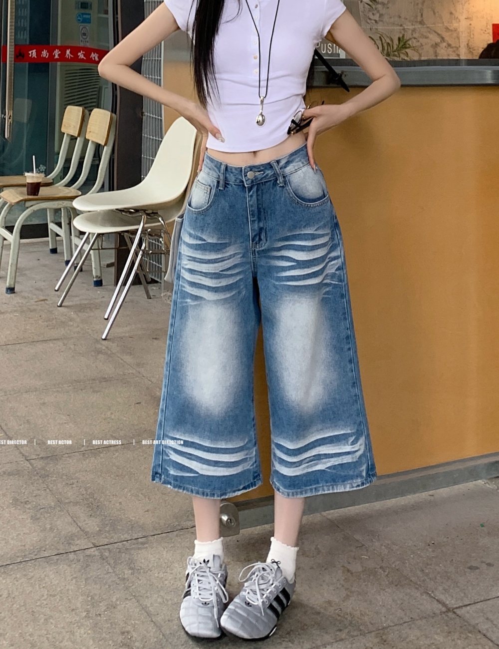 Seven tenths blue crimp washed lazy jeans for women