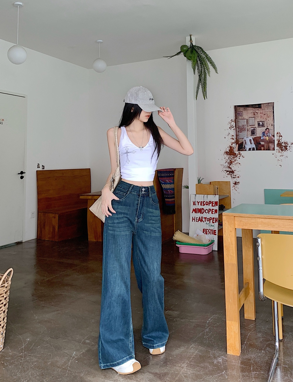 Elasticity high waist double buckle wide leg jeans for women